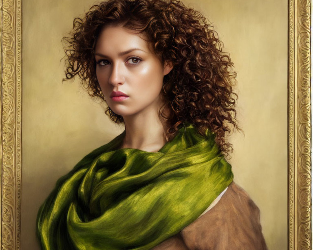 Curly-Haired Woman in Green Scarf on Golden Background