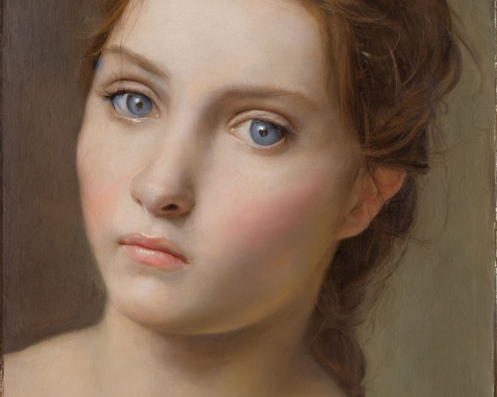 Young woman portrait with blue eyes and reddish-brown hair, neutral gaze.