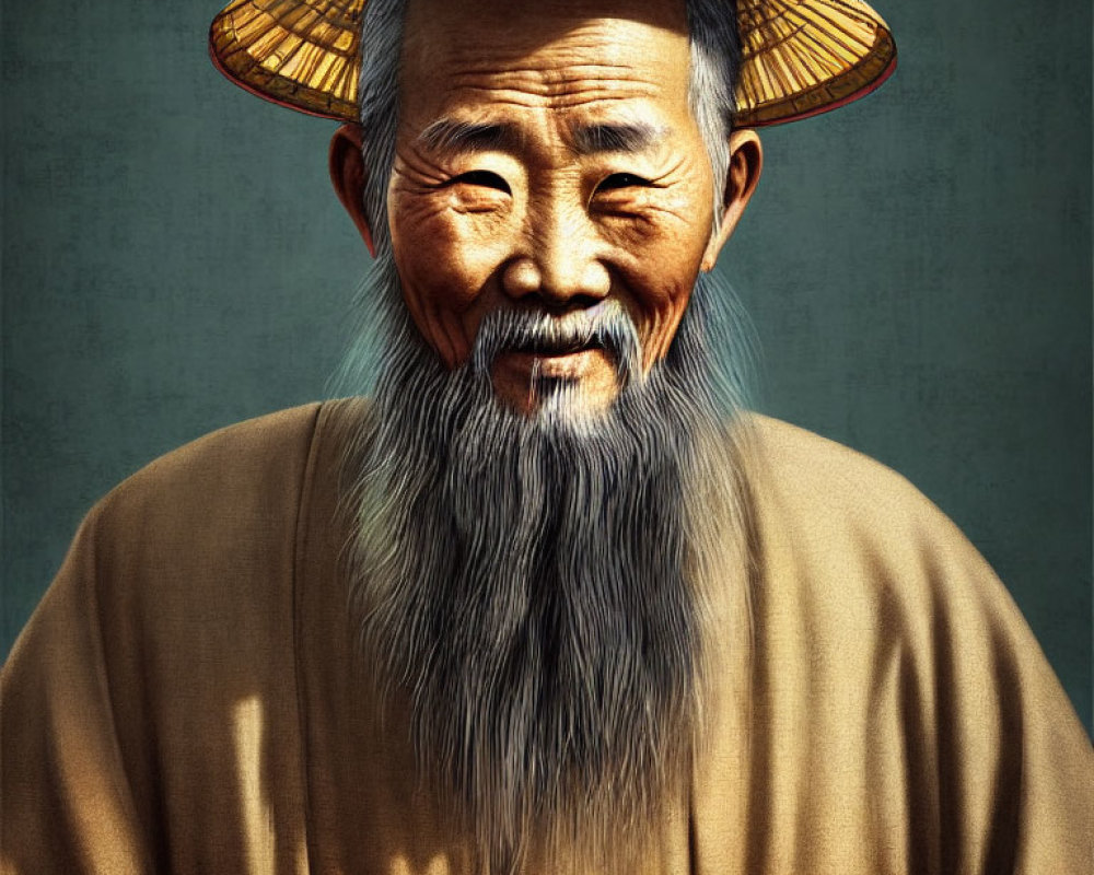 Elderly Asian man in traditional attire smiling against textured green background