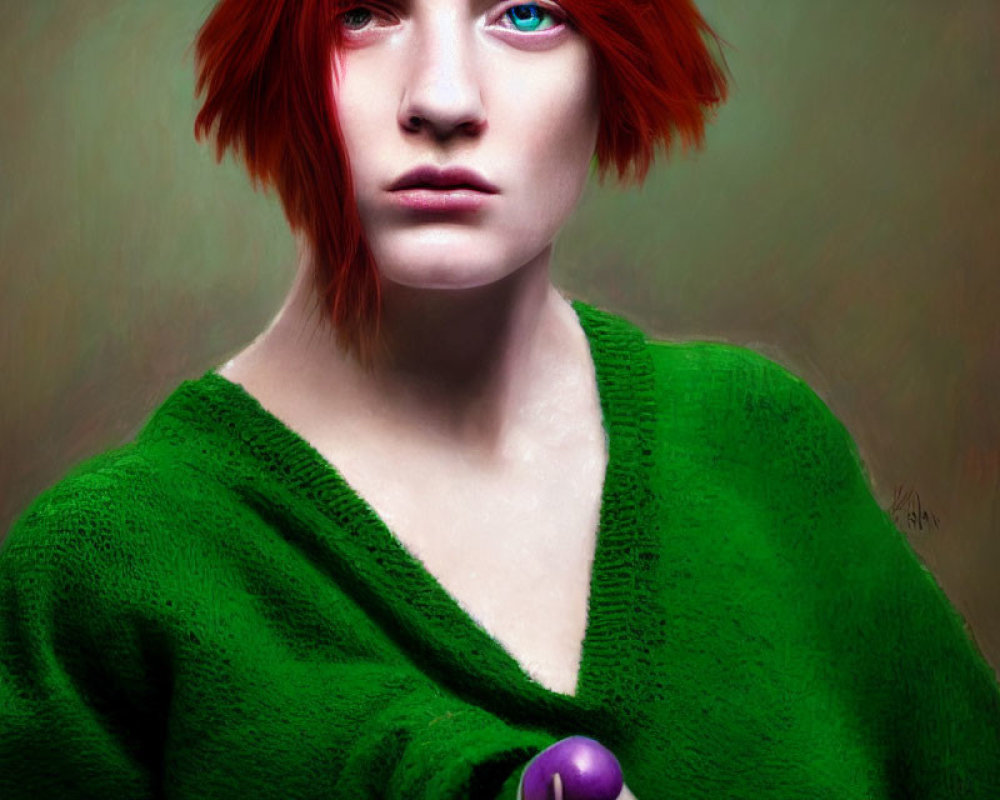 Person with Red Hair and Blue Eyes Holding Purple Object in Green Sweater