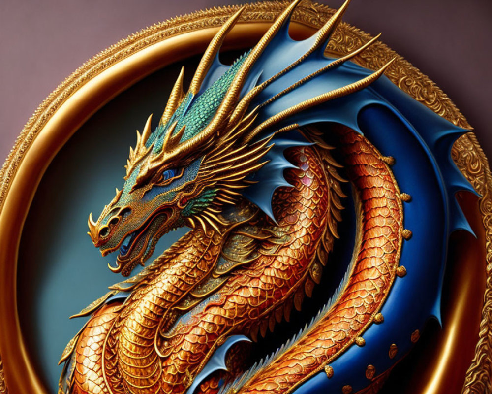 Detailed Golden Dragon Coiled in Ornate Frame on Purple Background