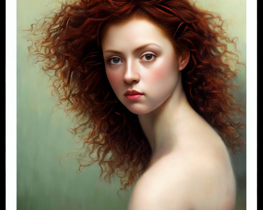 Portrait of Woman with Red Curly Hair and Serene Expression on Soft Green Background