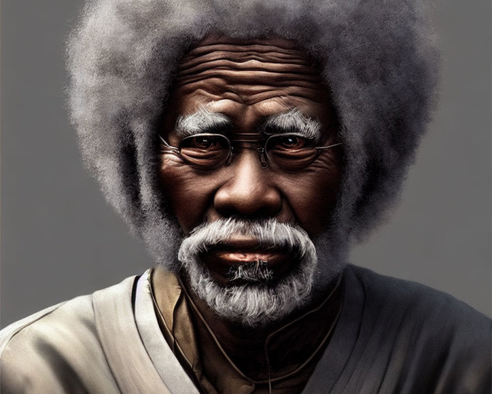 Elderly man with white afro and round glasses in beige robe gazes forward.