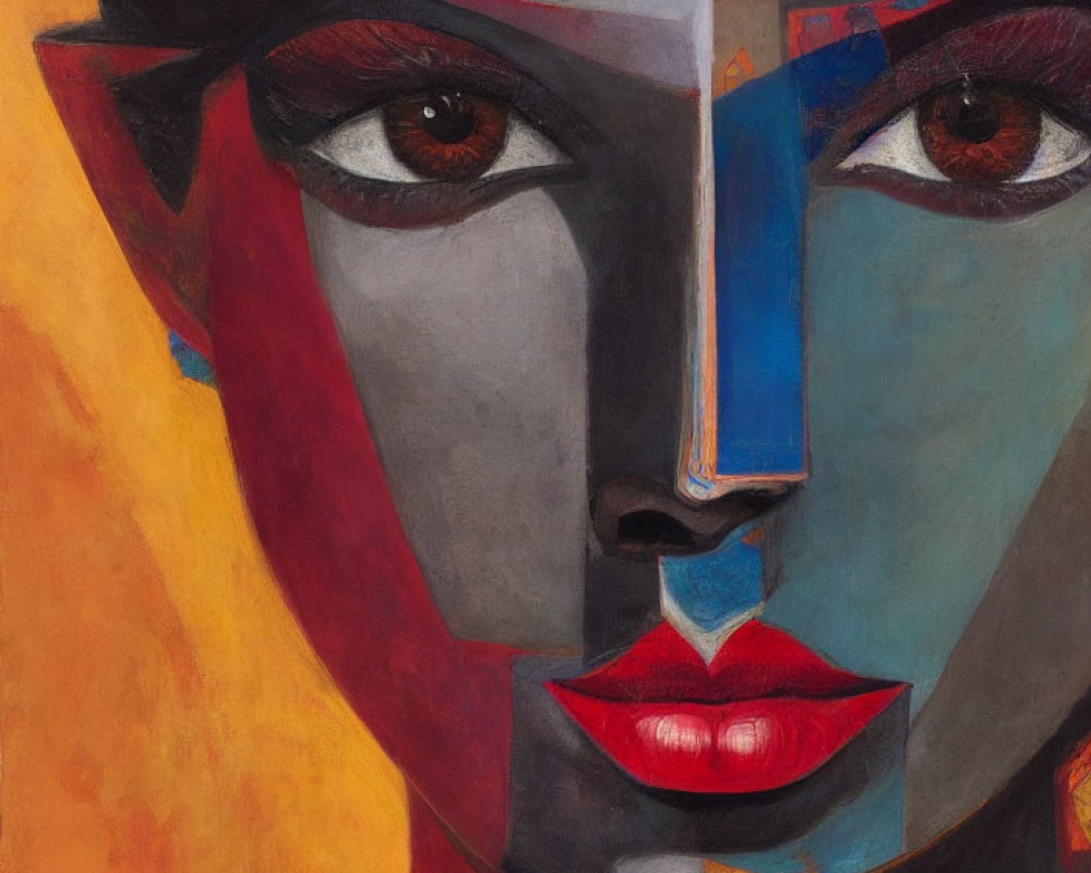 Vibrant cubist-style portrait of a woman with bold features