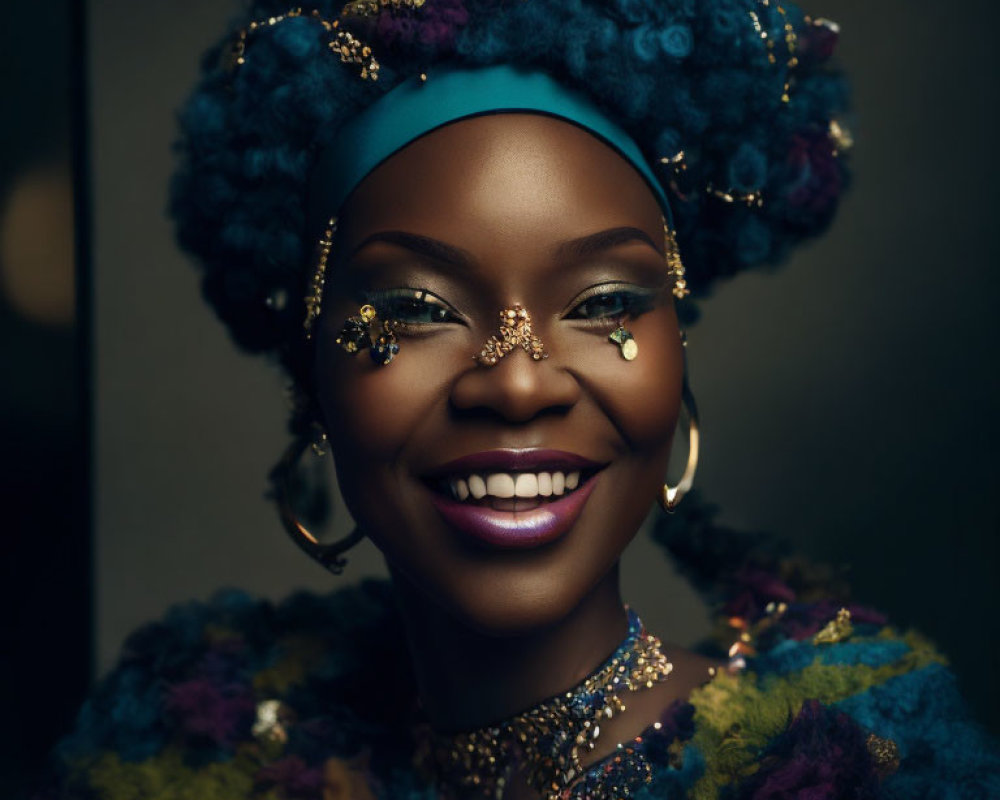 Vibrant blue-haired woman with golden accessories and colorful attire