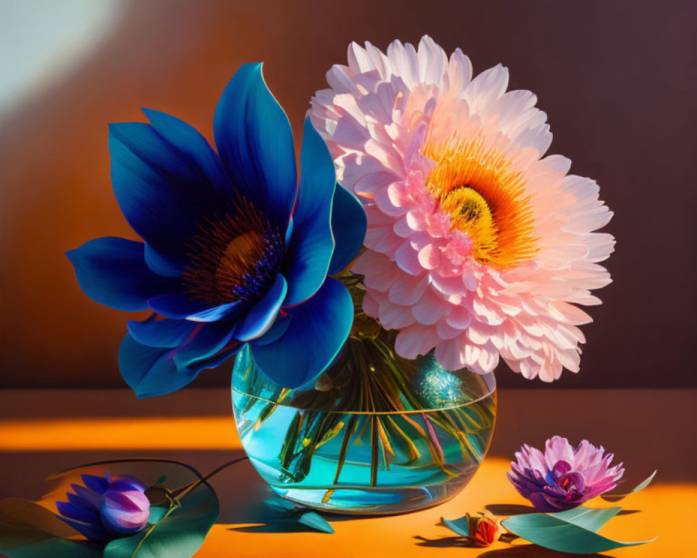 Colorful oversized paper flowers in glass vase with dramatic shadows.