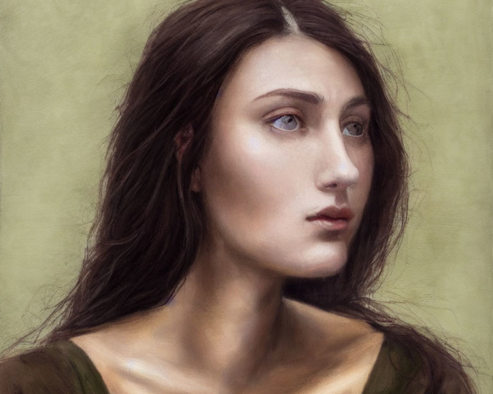 Digital painting of a woman with brown hair and blue eyes on textured green background