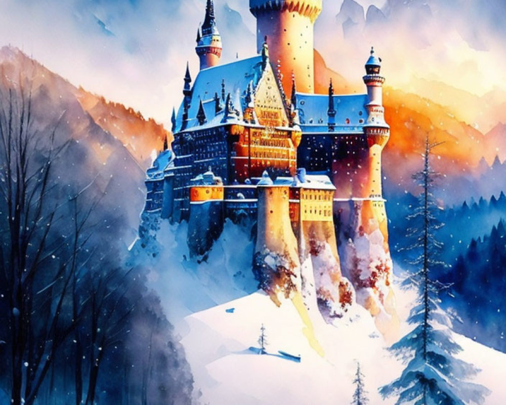 Snowy landscape with castle and sunset glow