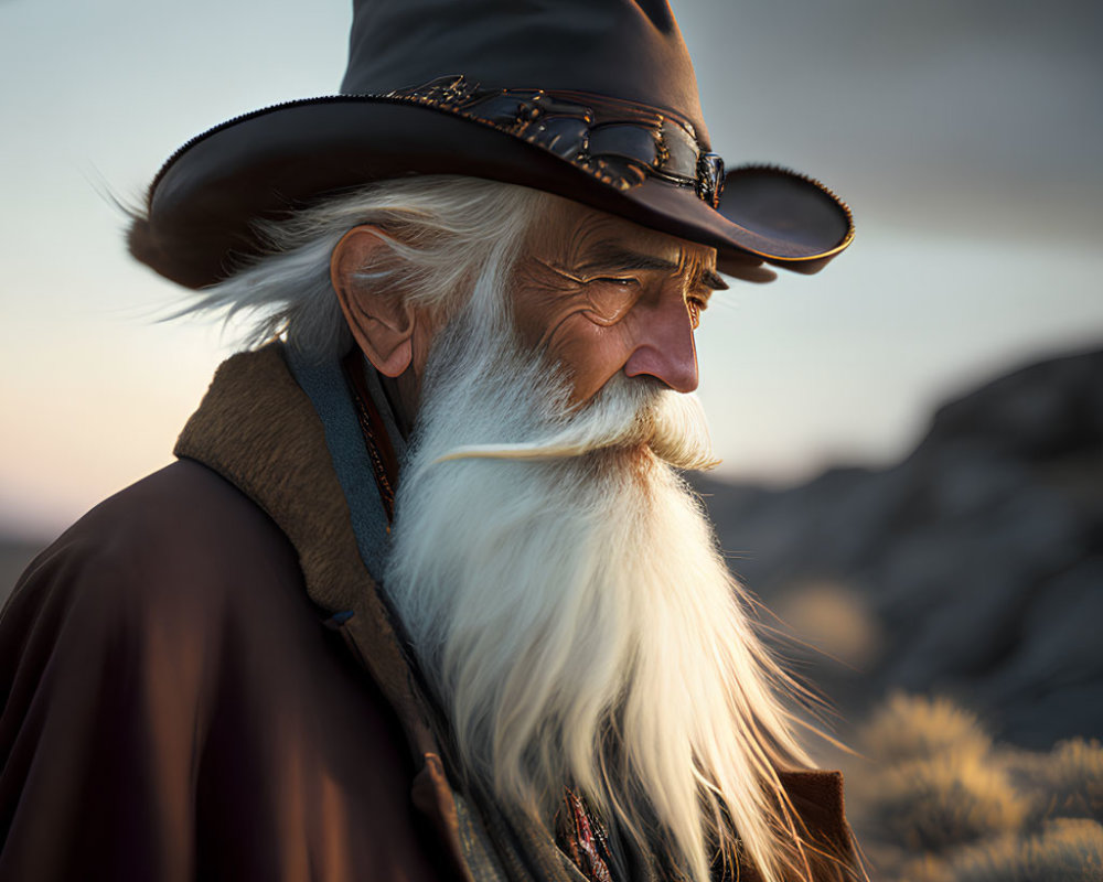 Elderly Man in Cowboy Hat and Coat with Sunset Landscape