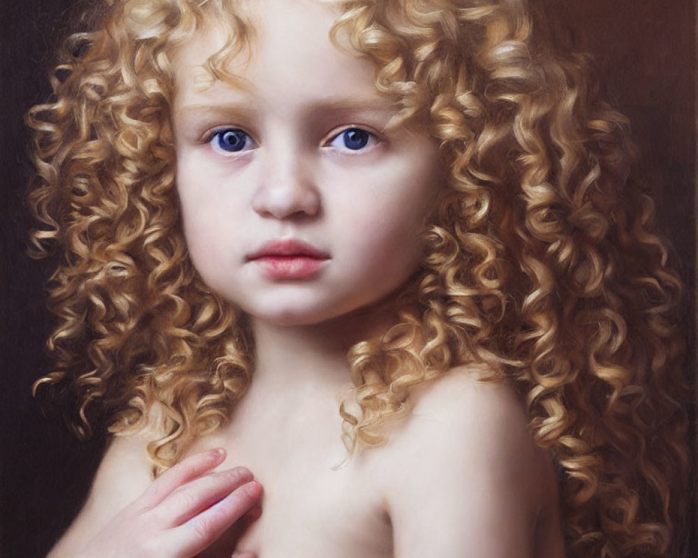 Young child with curly blonde hair and blue eyes in classic painting style