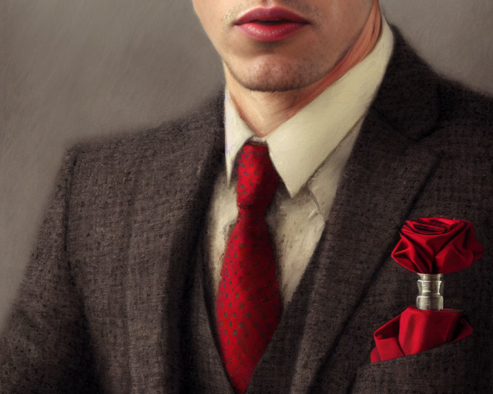 Man in brown suit with red tie behind perfume bottle with rose-shaped cap.