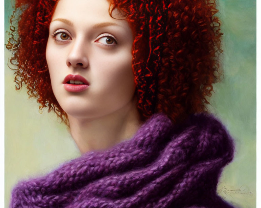 Portrait of woman with curly red hair and purple scarf, looking left thoughtfully