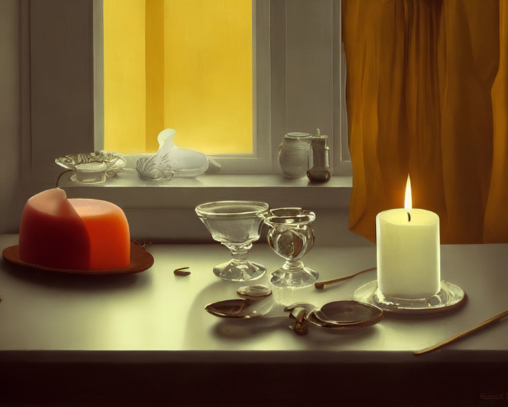 Tranquil still life with candle, spectacles, feather, fruit bowl, and glassware near