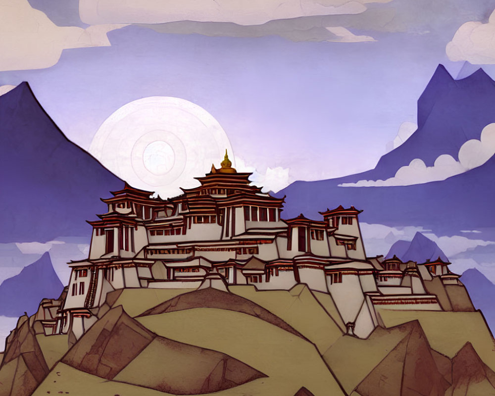 Illustration of ornate temple on hills with sun and mountains in warm palette