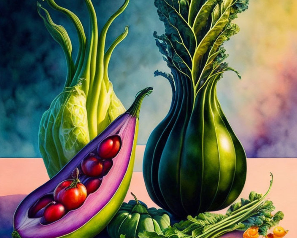 Colorful Vegetable Still Life Painting with Eggplants, Tomatoes, Fennel, and Greens