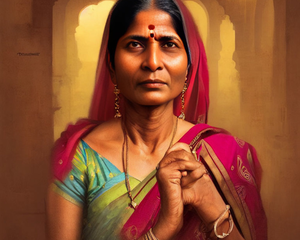 Woman in sari with bindi and nose ring clasping hands