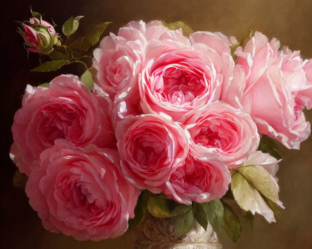 Lush Pink Roses in Ornate Vase on Dark Background