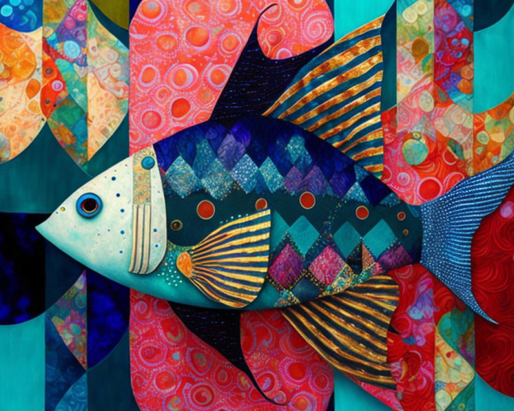 Vibrant Fish Illustration with Geometric and Organic Shapes