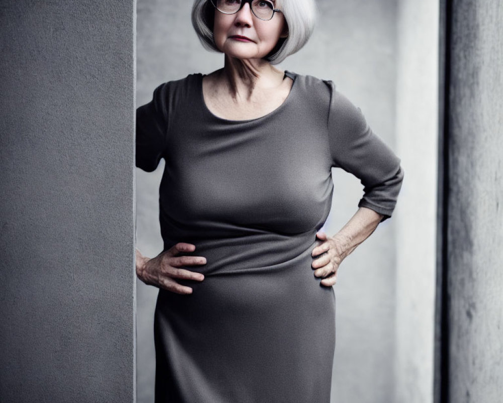 Elderly Woman in White Hair, Glasses, Grey Dress on Grey Background