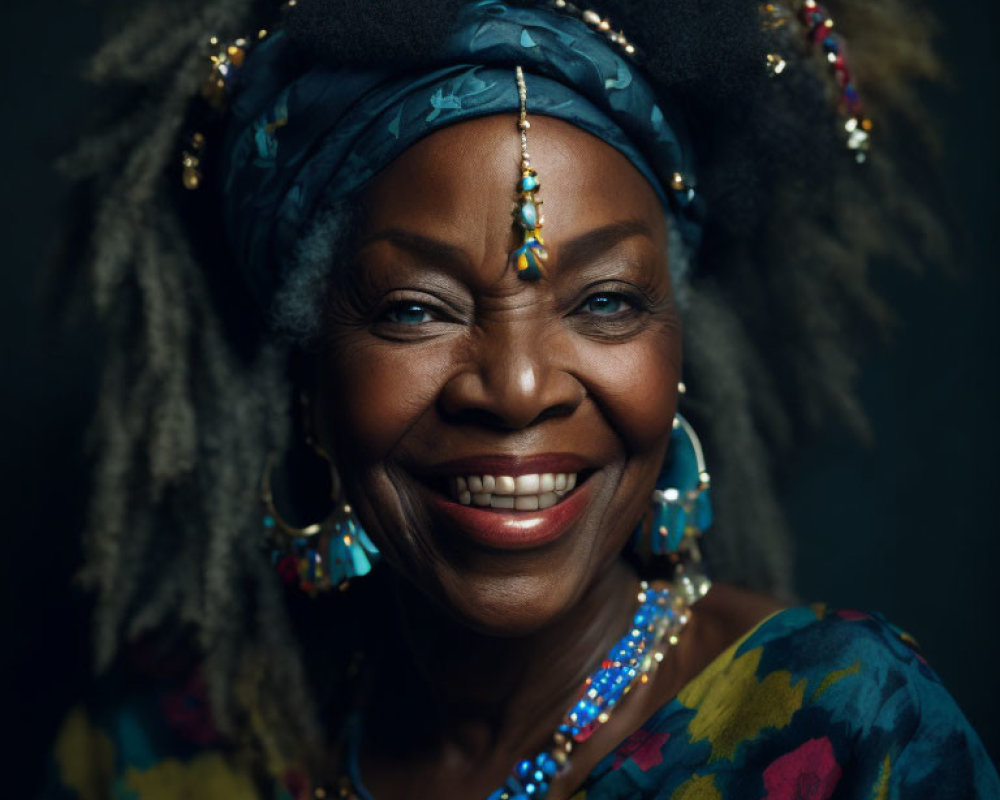 Elderly Woman in Colorful Attire Smiling Warmly