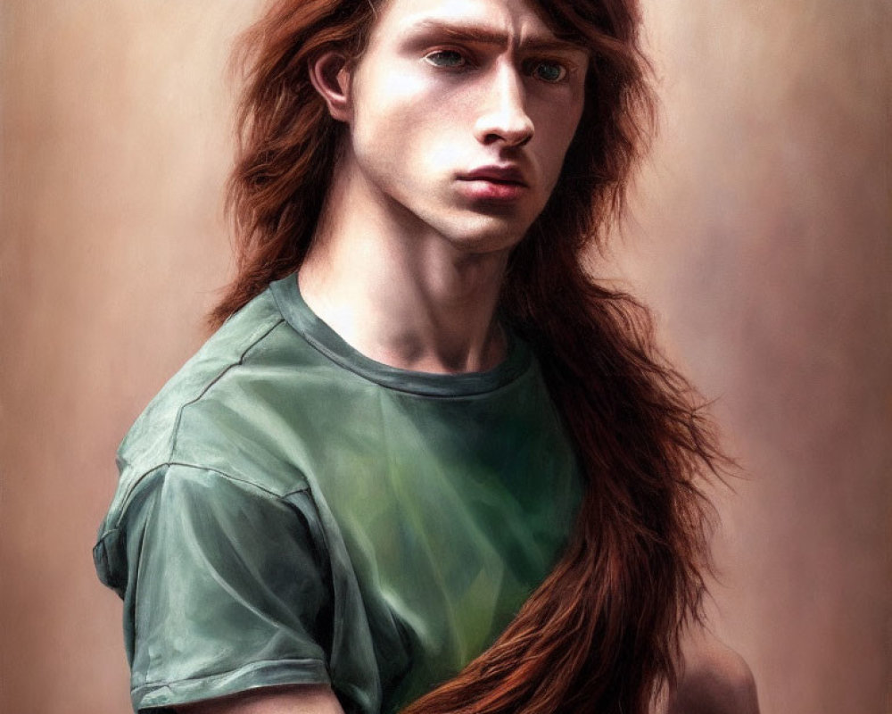 Portrait of a person with long auburn hair and green shirt