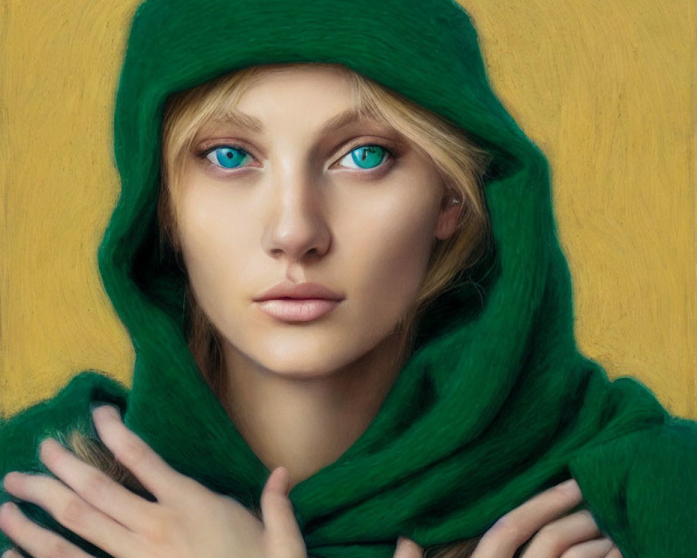 Woman with Striking Blue Eyes in Green Hooded Cloak on Yellow Background