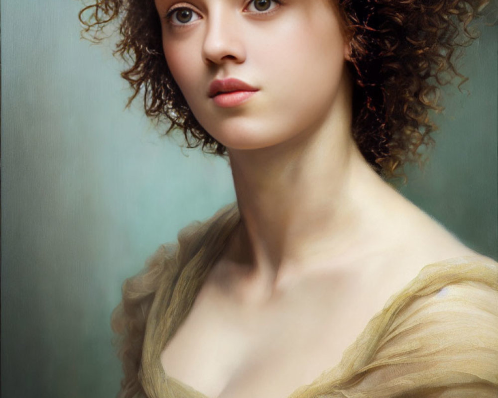 Portrait of young woman with curly hair in off-the-shoulder golden dress