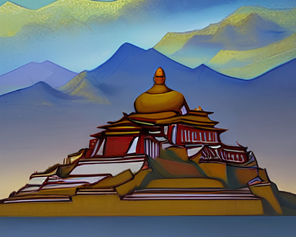 Vibrant digital painting of Asian temple against mountain backdrop