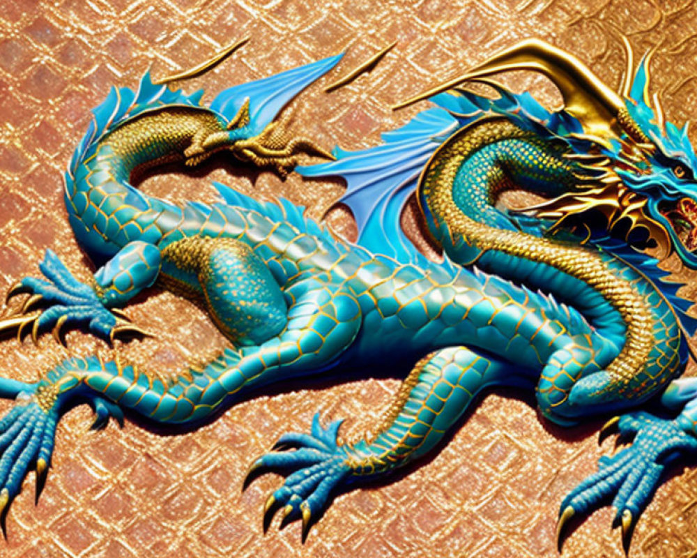 Detailed Blue and Gold Dragon Art on Textured Red Background