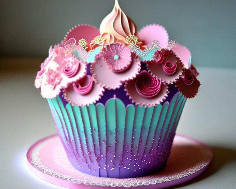 Colorful Cupcake with Cream Swirl & Pink/Purple Decorations on Plate