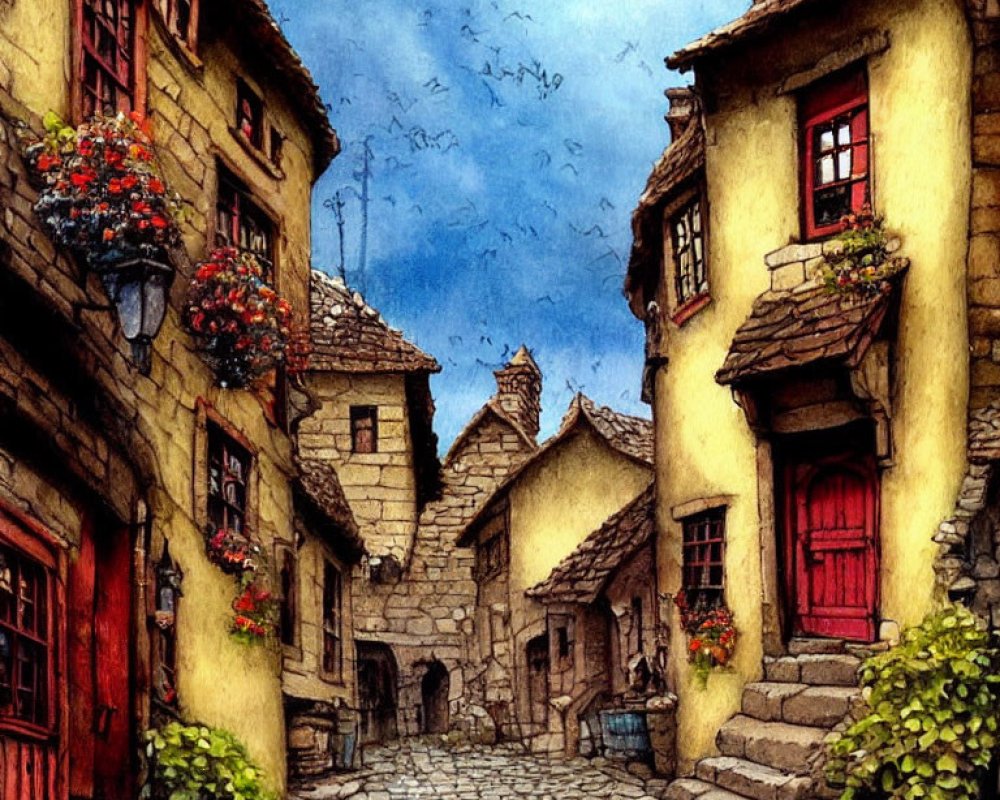 European Village: Cobblestone Street, Colorful Flowers, Traditional Stone Houses