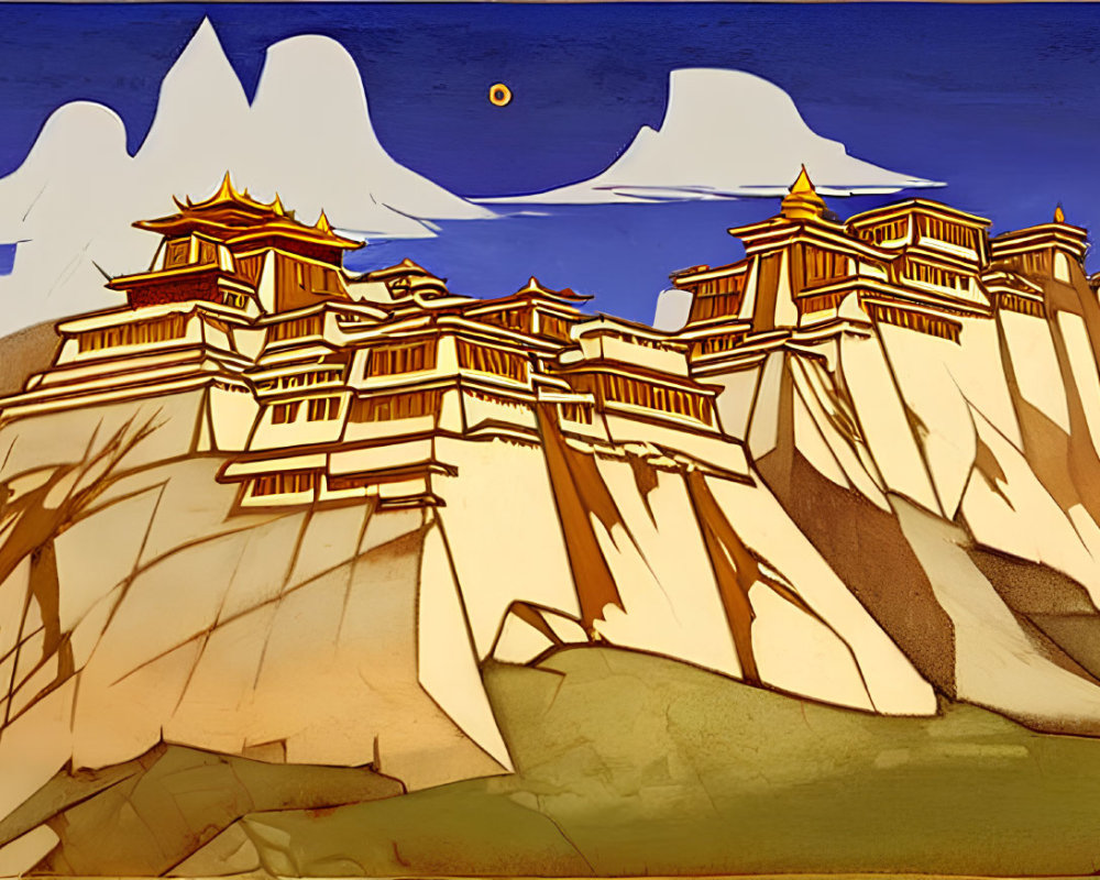 Ancient mountaintop palace with ornate architecture under moonlit sky