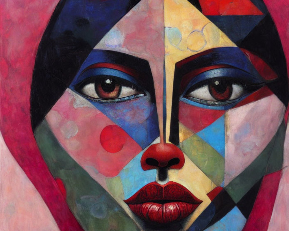 Colorful Cubist Portrait of Woman with Geometric Shapes