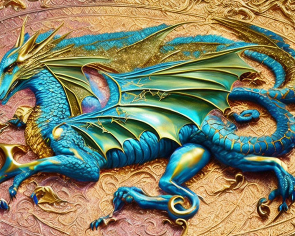 Blue and gold dragon relief on textured background in majestic fantasy theme