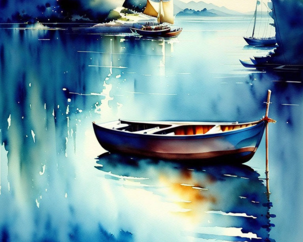 Tranquil watercolor painting of rowboat on calm waters