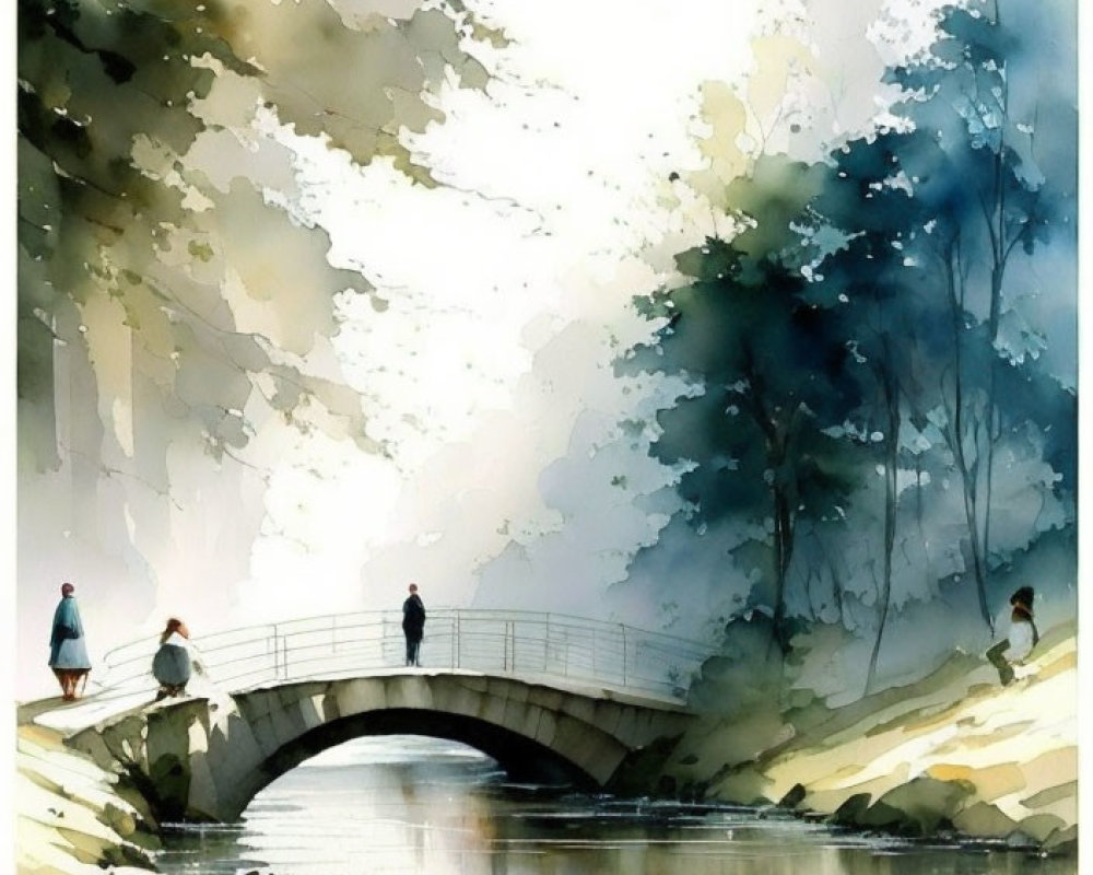 Tranquil watercolor painting of people crossing stone bridge