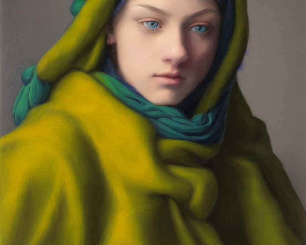 Blue-eyed woman in yellow-green shawl and blue scarf exudes serenity