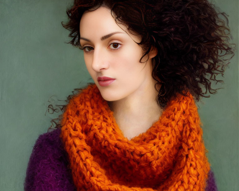 Curly-Haired Woman in Purple Sweater and Orange Scarf on Green Background