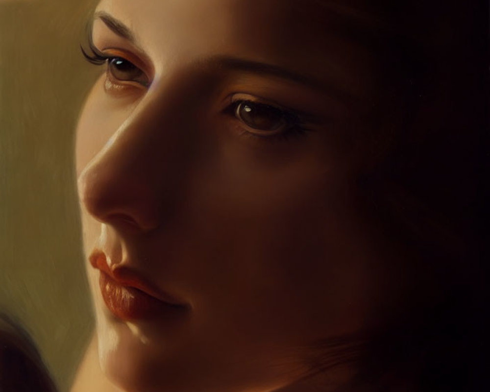 Digital painting of contemplative woman with warm tones & detailed facial features