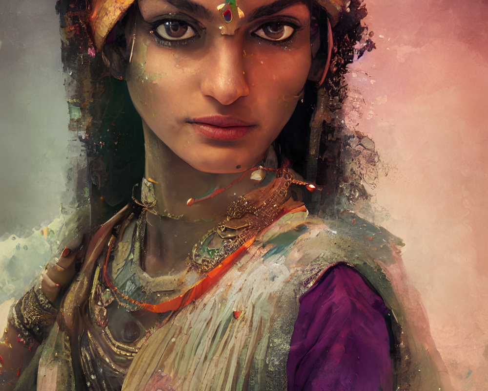 Vibrant digital portrait of woman in traditional Indian attire