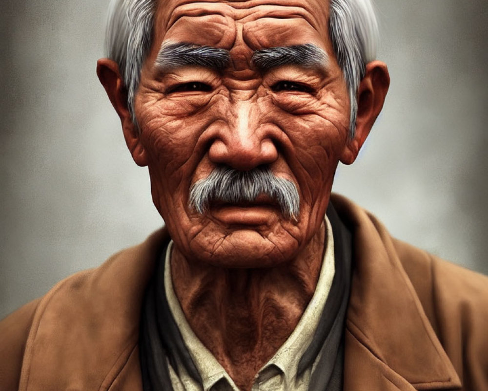 Elderly man with white hair and stern expression in brown jacket