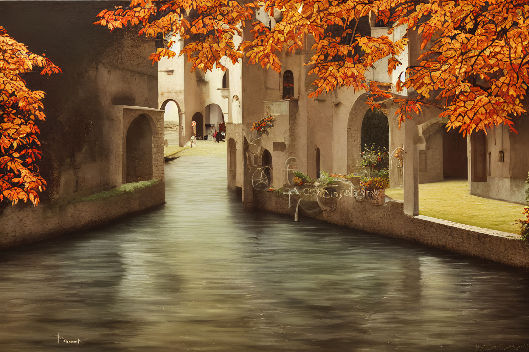 Autumnal canal scene with vibrant foliage and courtyard gathering