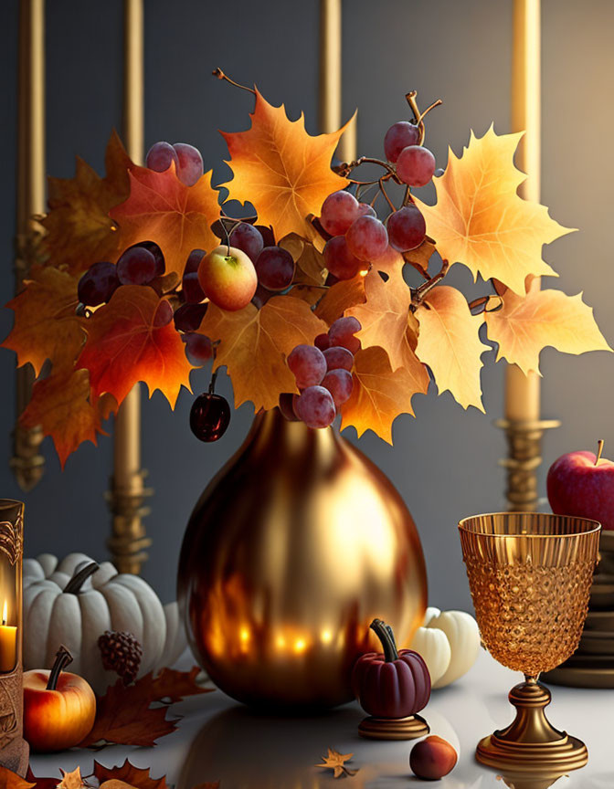 Golden vase with maple leaves and grapes on dark background with candles, pumpkins, apple, and gob