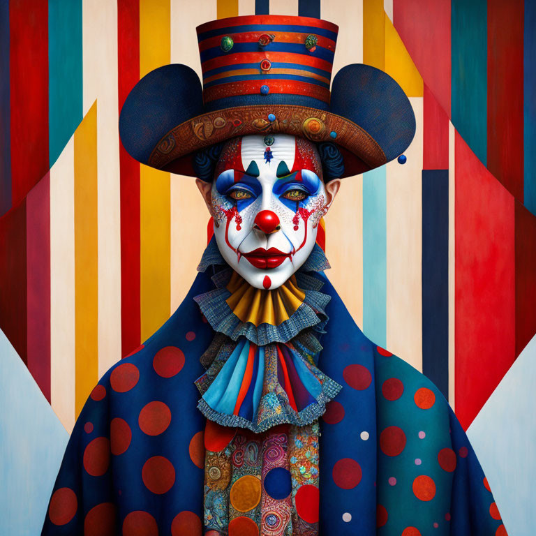 Colorful Clown-Faced Figure in Striped Top Hat and Polka Dot Attire