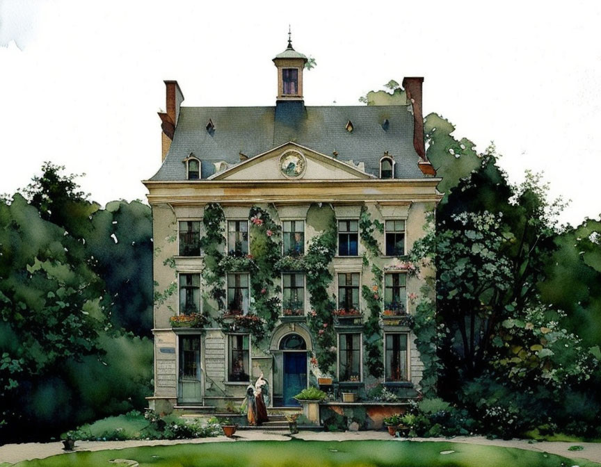 French Mansion Watercolor Painting with Mansard Roof and Ornate Windows