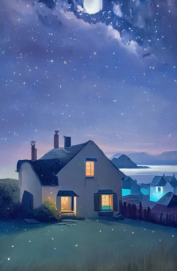 Quaint cottage under starry sky near calm sea