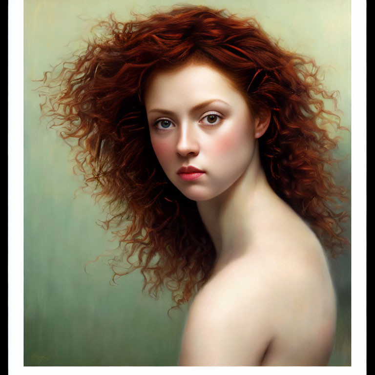 Portrait of Woman with Red Curly Hair and Serene Expression on Soft Green Background