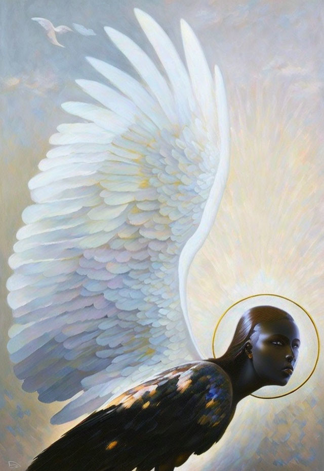 Serene figure with golden halo and white wings on soft backdrop