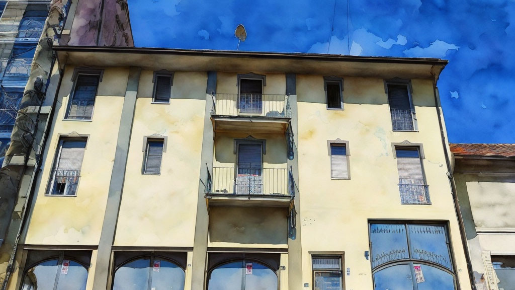 Vintage building with balconies in watercolor effect under blue sky