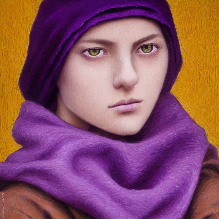 Portrait of a person with green eyes in purple headscarf on golden yellow background